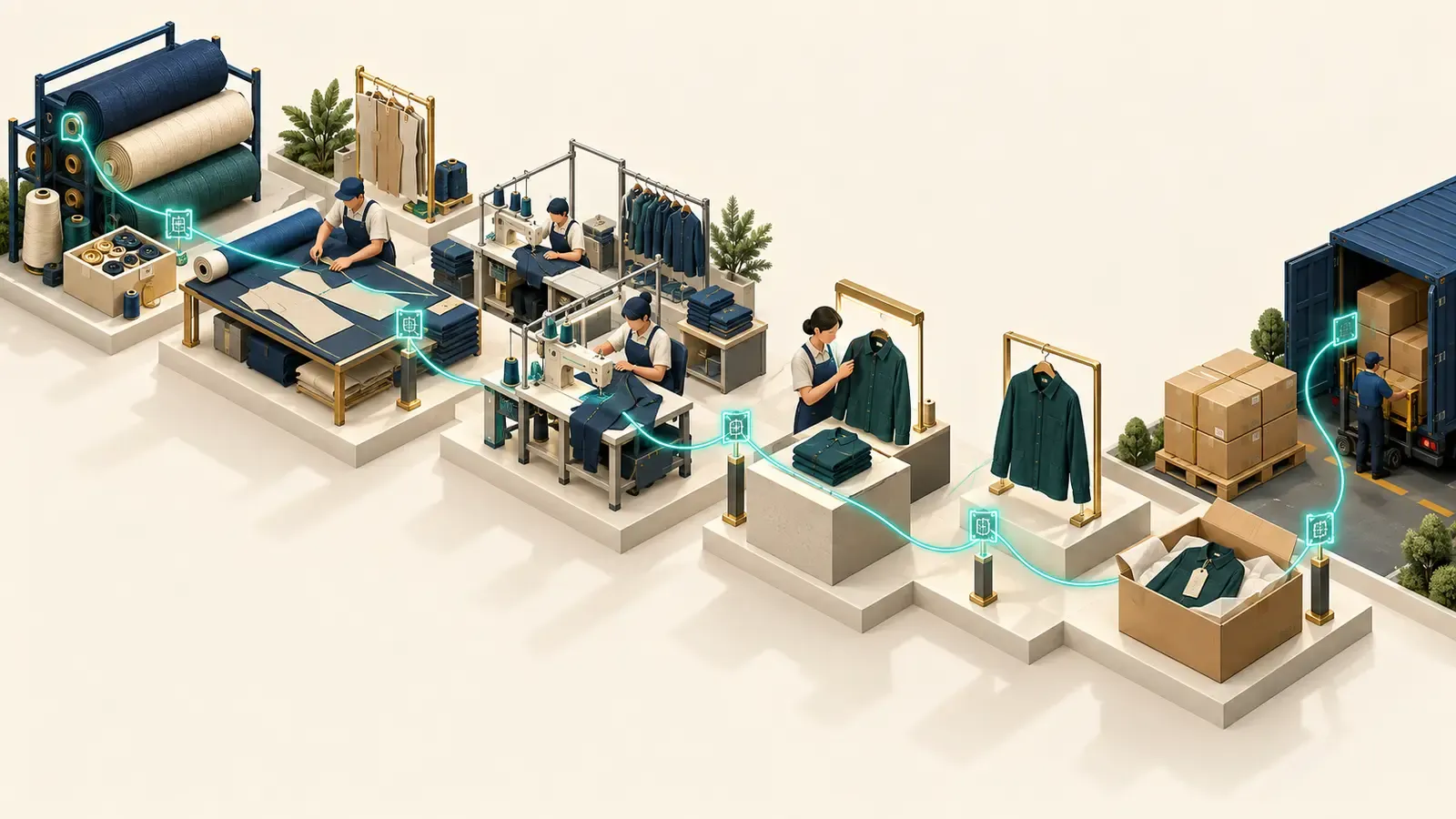 An isometric garment supply chain linked from fabric rolls through cutting, sewing, inspection and shipment
