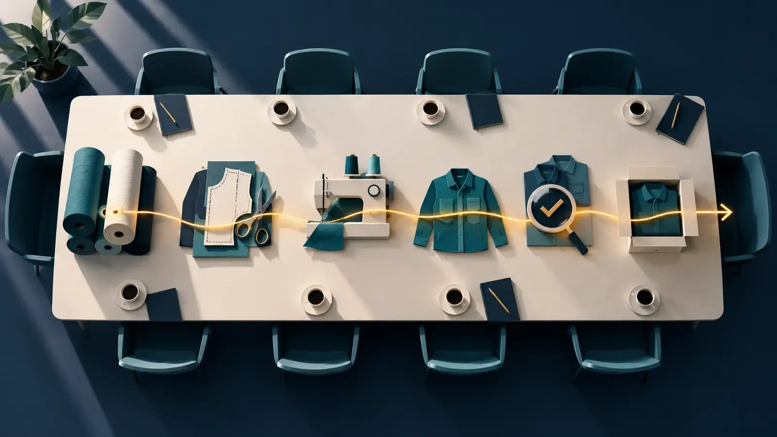 An editorial illustration of an empty meeting table connected to every stage of garment production