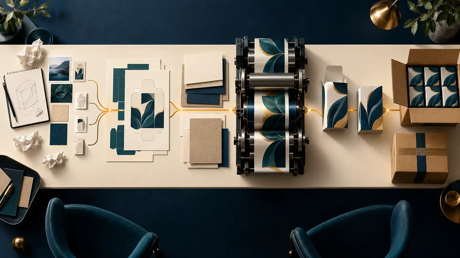 An overhead conceptual print job transforming through quotation artwork press finishing and shipment stages