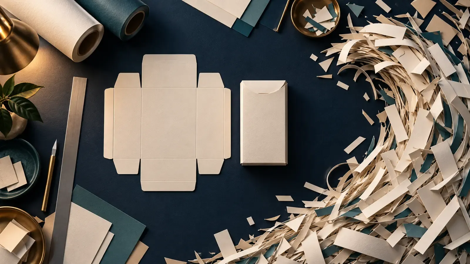A carefully planned packaging sheet surrounded by small paper offcuts accumulating into a large material loss