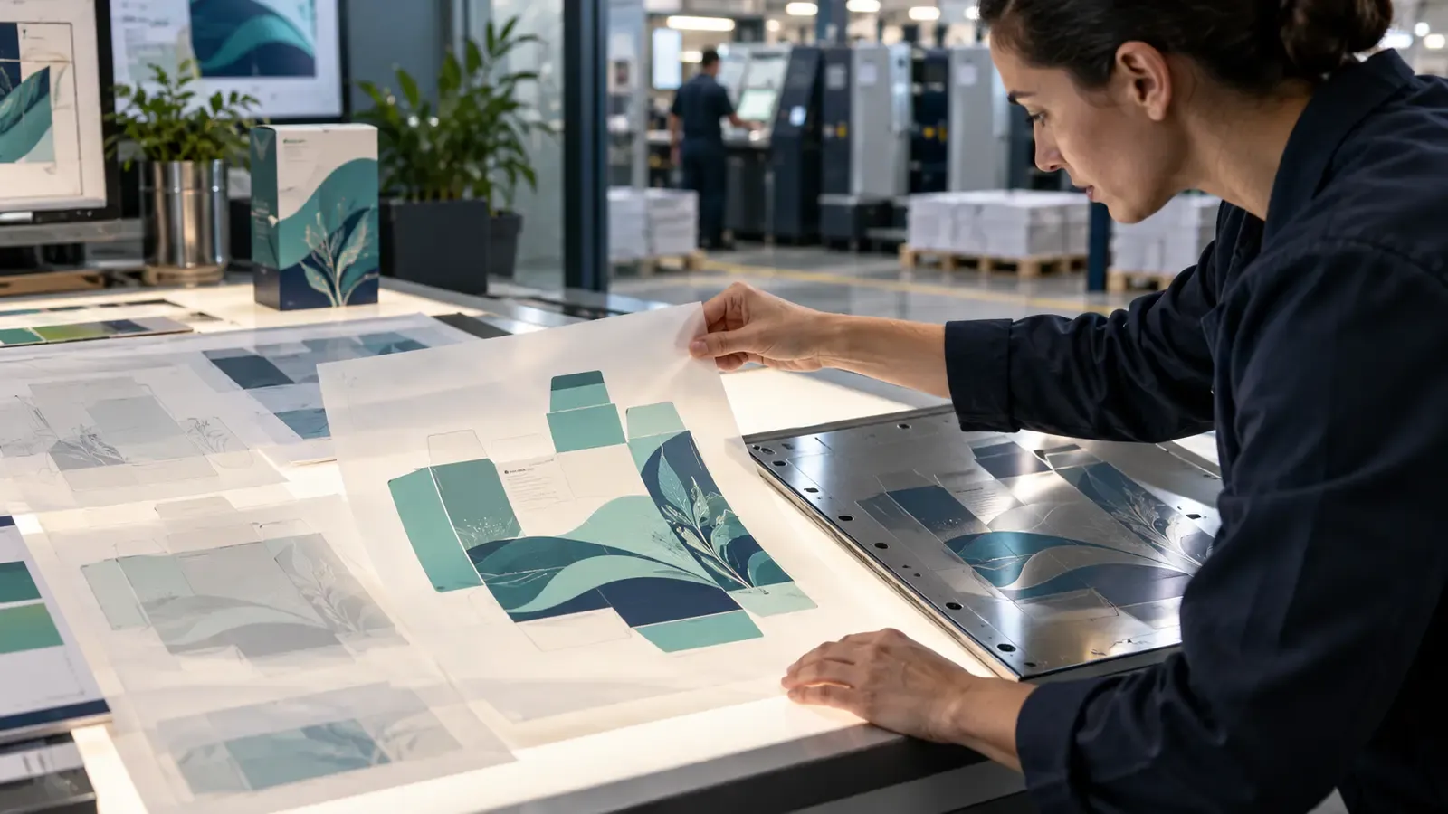 Layered packaging artwork revisions leading toward one selected production file at the press