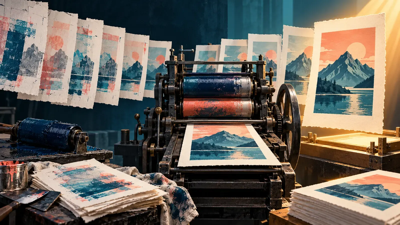 A printing press surrounded by trial sheets that gradually converge into one approved production sheet