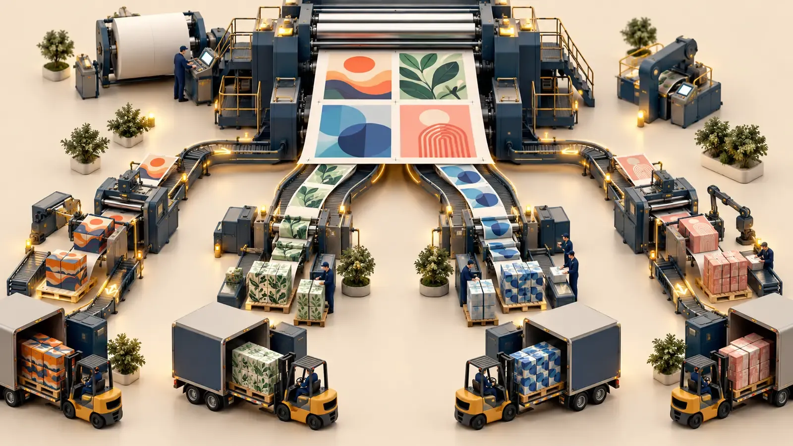 One large printed sheet carrying four distinct packaging jobs with connected production routes