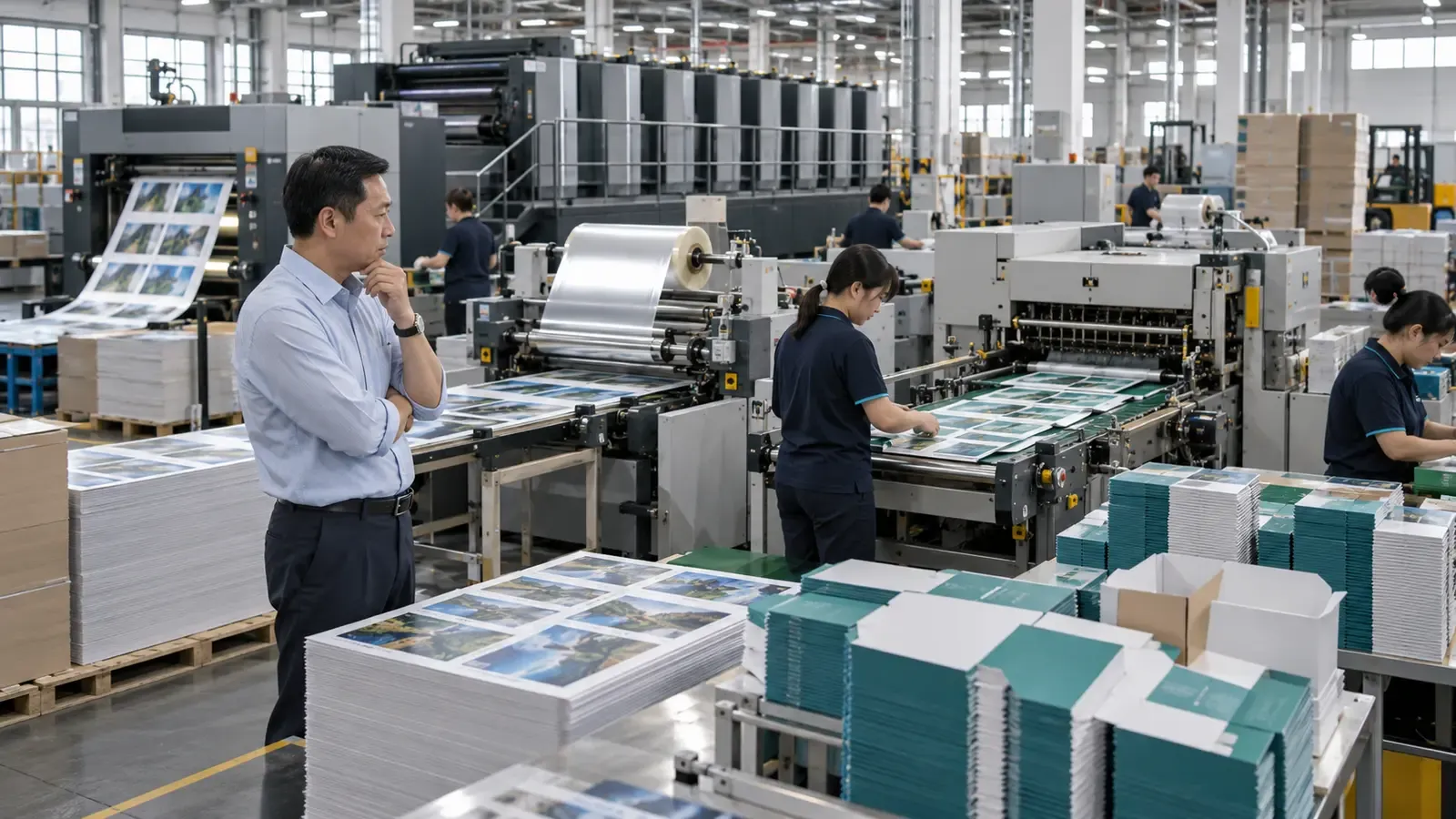 Freshly printed sheets moving into a crowded sequence of finishing and packaging operations