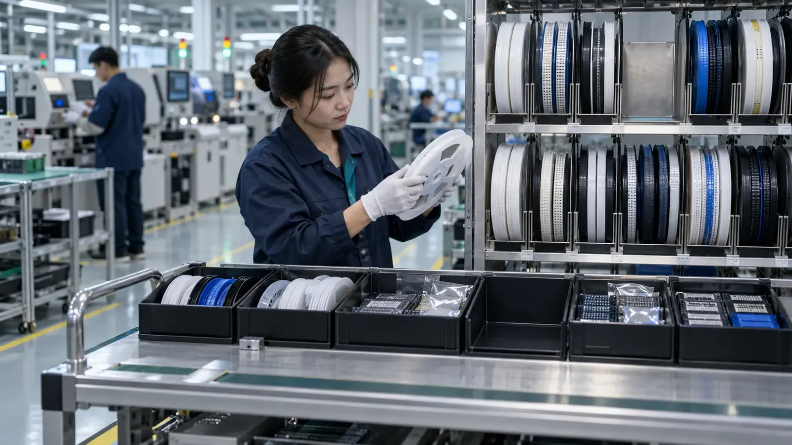 Organised electronic component reels surrounding one visibly incomplete production kit at a preparation station