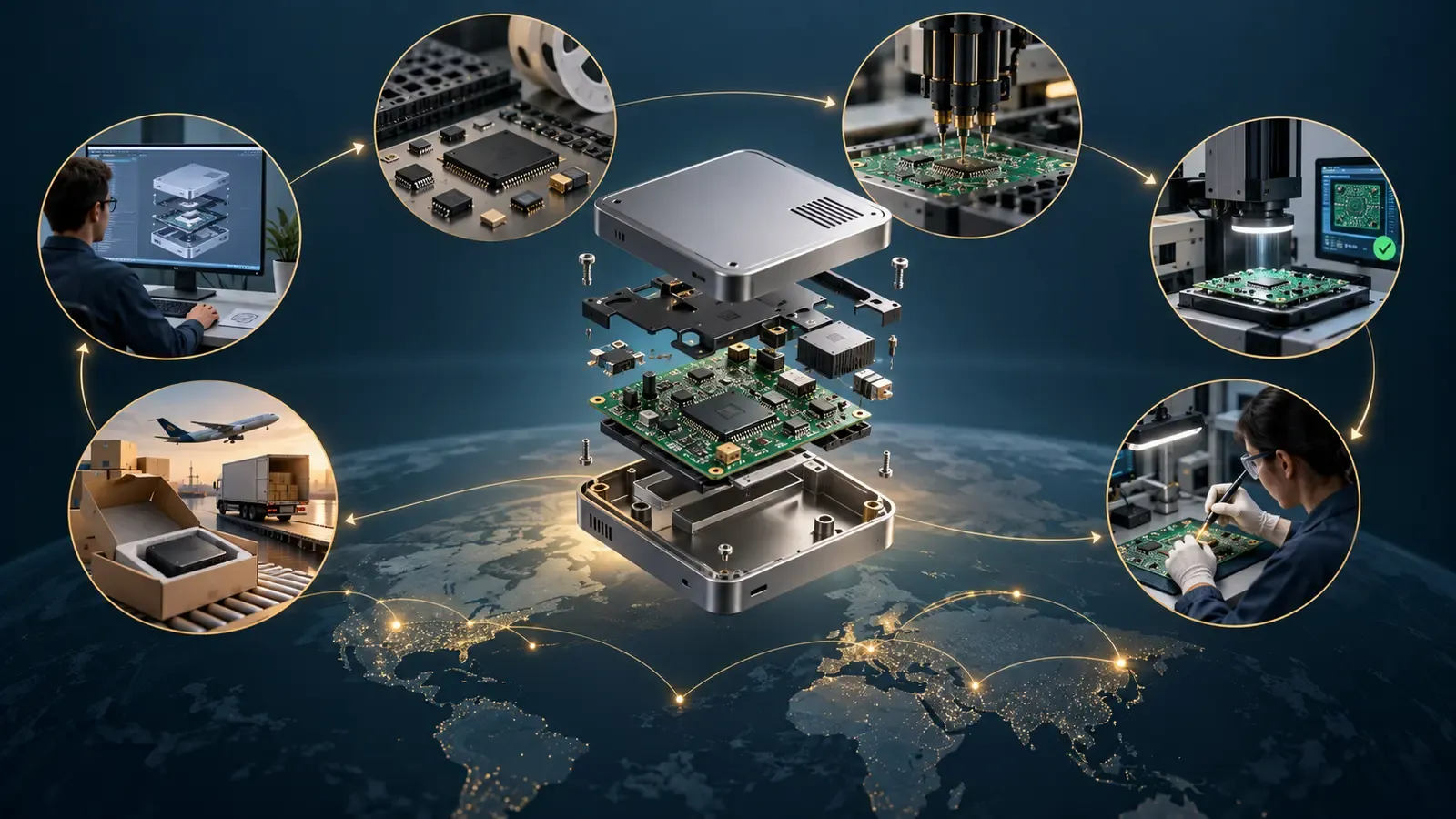 Exploded electronic product surrounded by connected engineering material production test and delivery scenes