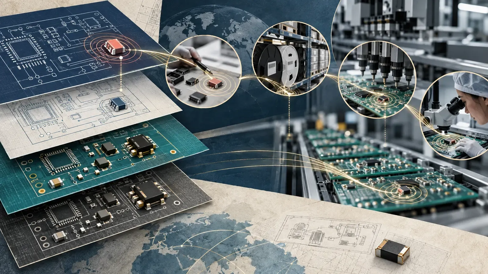 Circuit board design revision flowing through purchasing inventory assembly and inspection checkpoints