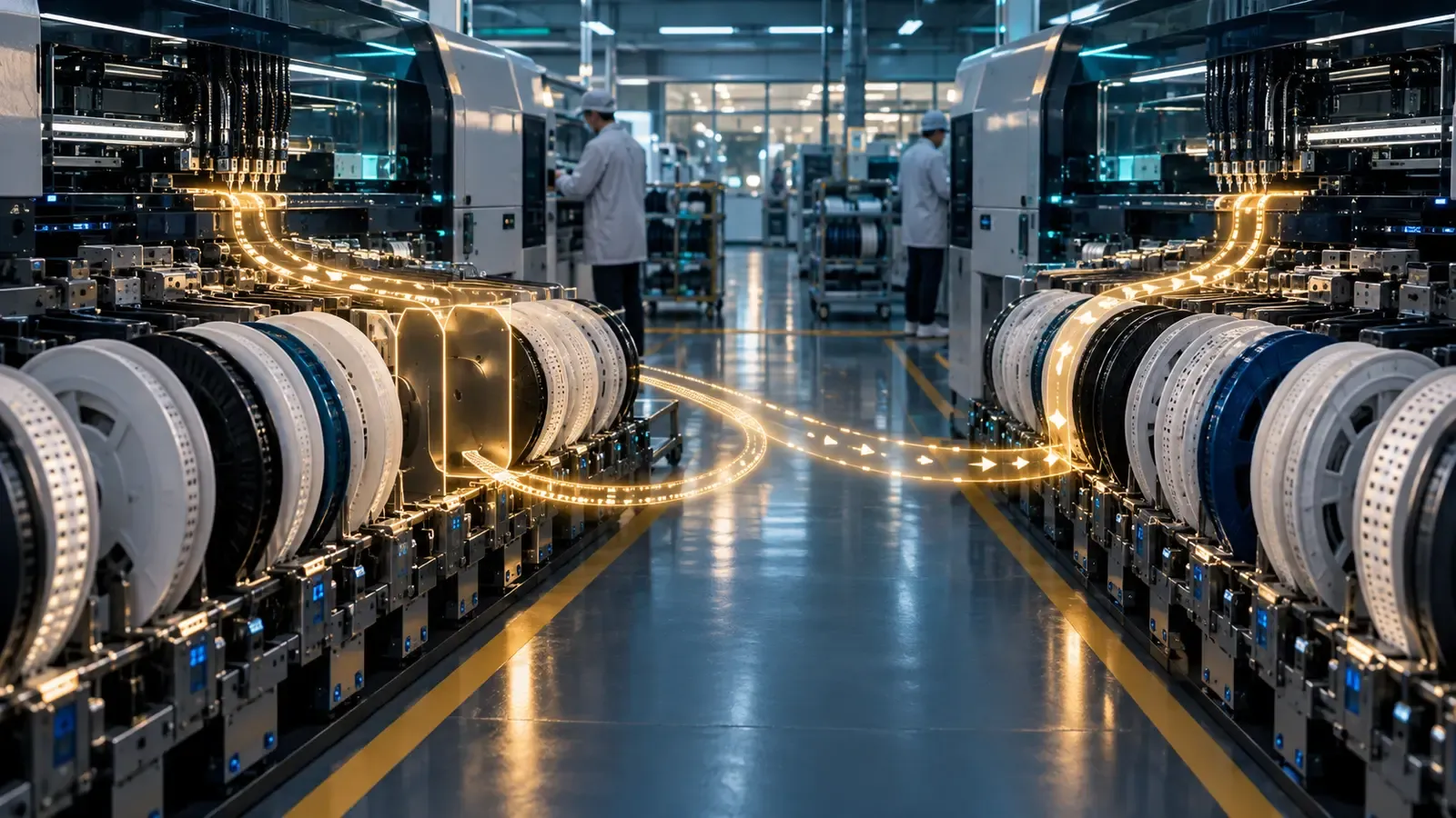 SMT line schedule visualised as connected component reels with one empty position changing the production sequence