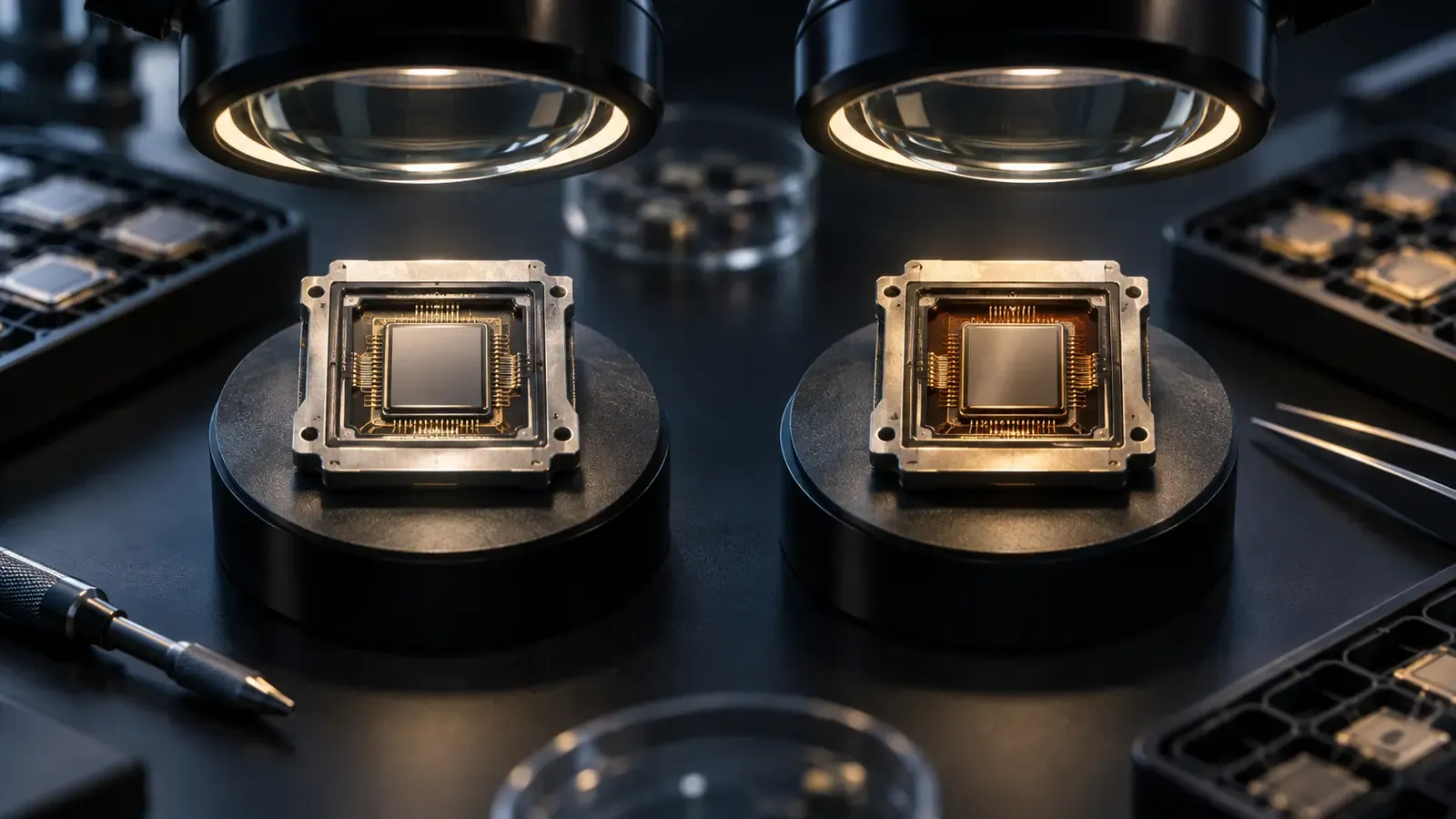 Two visually similar electronic components examined under precision lighting to reveal different manufacturing histories